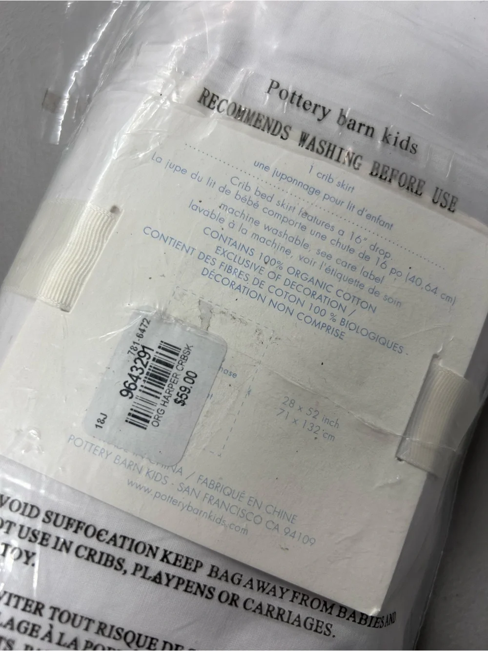 Pottery Barn Harper Baby Crib Skirt White w/ Blue Trim 100% Organic Cotton NWT